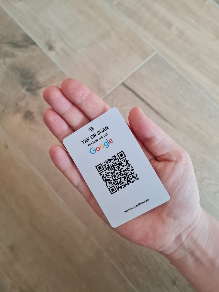 google review card and nfc with qr in hand